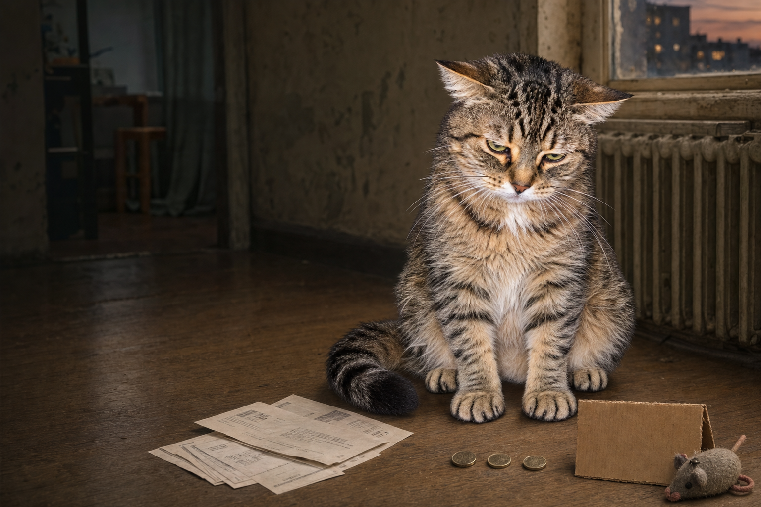 Rent Due Cat sitting on an apartment floor beside unpaid bills, three coins, a blank cardboard sign and a worn toy mouse, next to a radiator